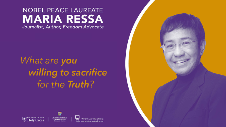 Banner image features a head and shoulders portrait of Ressa on the right in a purple and gold duotone with event information to the left.