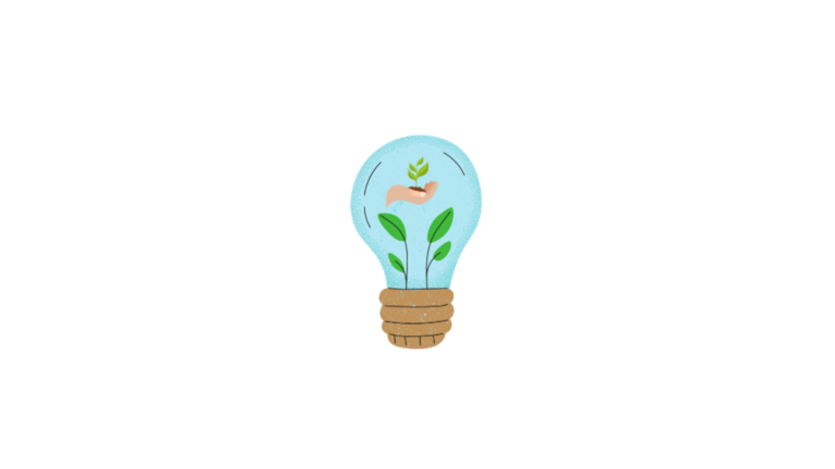 Drawing of light blue lightbulb with a plant growing inside and a hand holding a plant