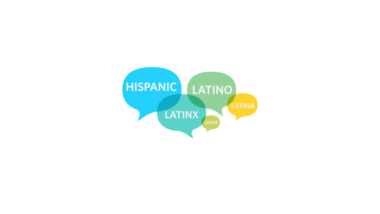 Thought bubble drawing with the words "Latino" "Lantinx" "Latina" "Latine" and "Hispanic"