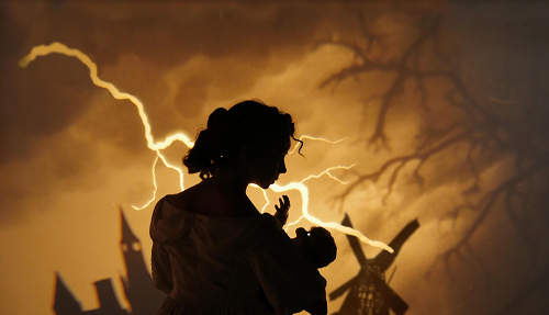 A silhouette of a woman holding what looks like a baby with a flash of lightning in the background.