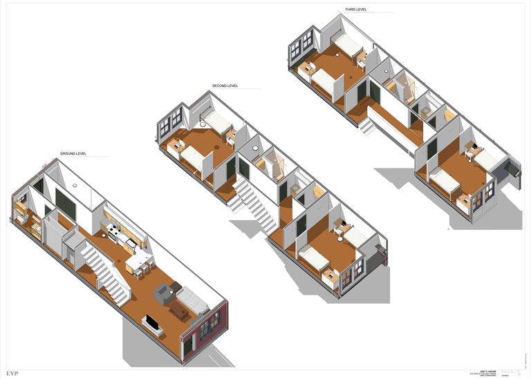 Drawing of a floorplan for a typical Townhouse apartment. It shows a ground level with a living area, kitchen, bathroom, bedroom and stairs going up. Second level shows two bedrooms, a bathroom, and stairs going up. Third level shows an identical floor plan to second floor.