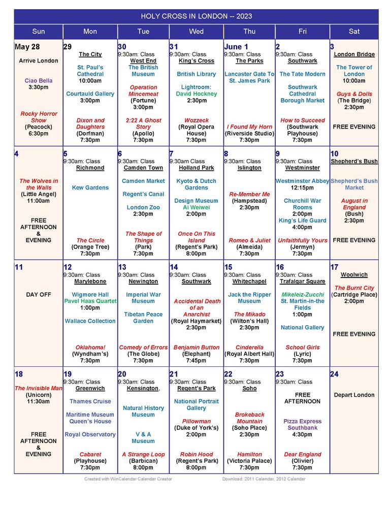 Calendar for Maymester showing dates of productions and sightseeing events.
