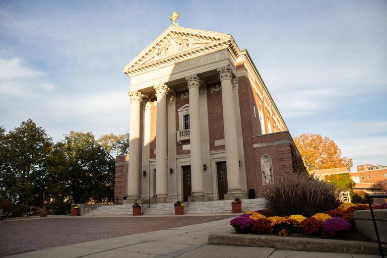 View of exterior of St. Joseph Memorial Chapel in fall