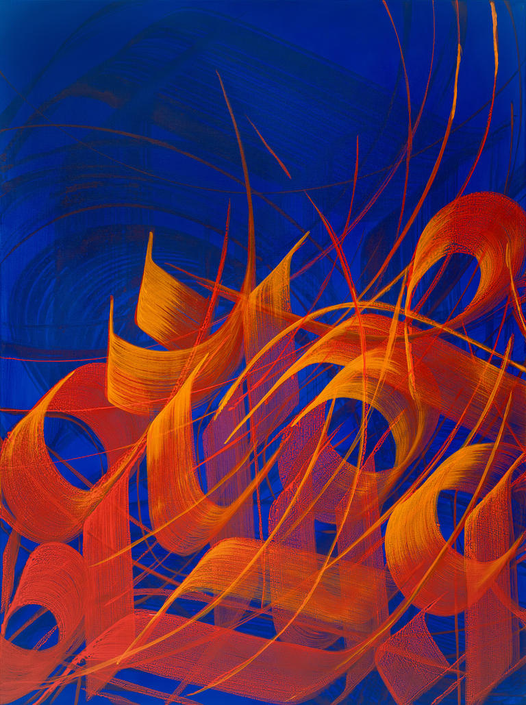 Art entitled Worlds Apart; red calligraphy on blue background