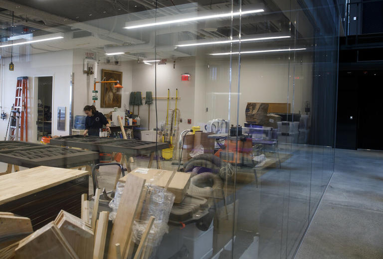 A view of the Foley Scene Shop as seen through the glass wall from The Beehive.