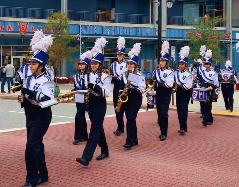 Holy Cross Marching Band performs at Polar Park stadium in Worcester