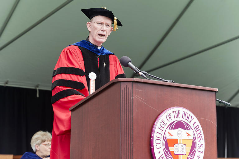 Rev. Philip L. Boroughs, S.J., president of Holy Cross, delivers remarks during Commencement Exercises before members of the Class of 2021