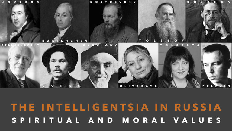Banner for "Intelligentsia in Russia: Spiritual and Moral Values" features headshots of 11 members of the Intelligentsia featured in the volume.