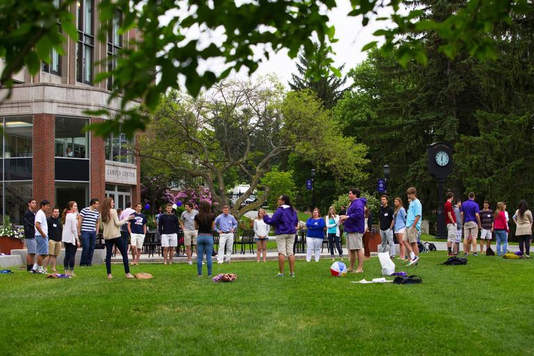 students on the Hogan Courtyard as part of orientation programming