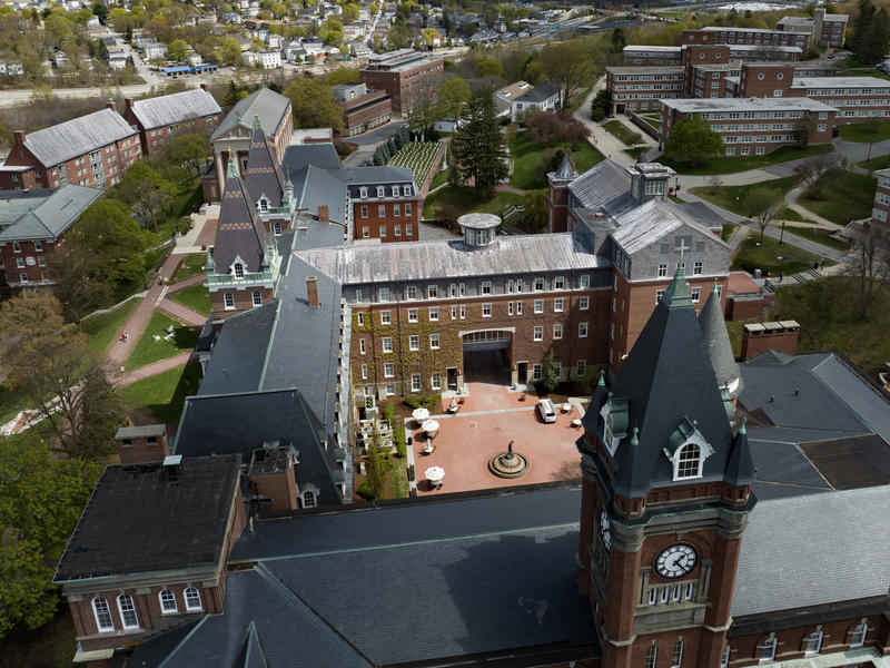 springtime aerial view of Holy Cross campus