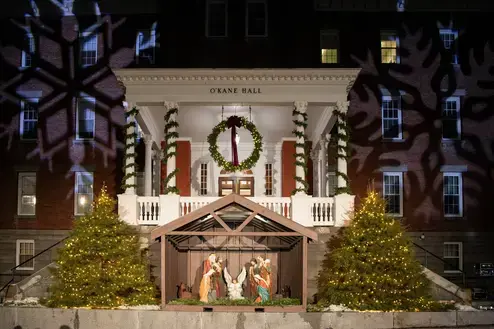 O'Kane Hall is let during the 2025 tree lighting celebration