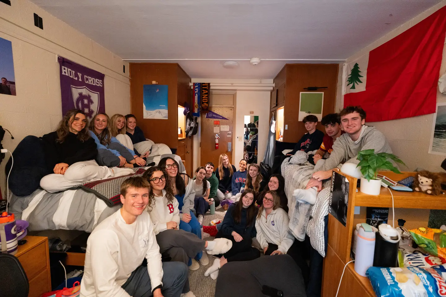Holy Cross students gathered in a dorm to watch the 2026 Super Bowl
