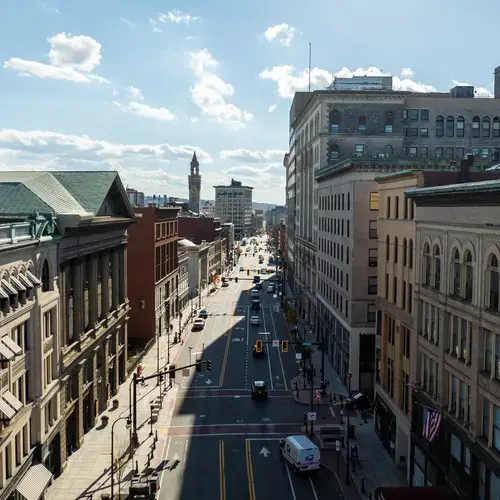 Drone view of downtown Worcester, MA.
