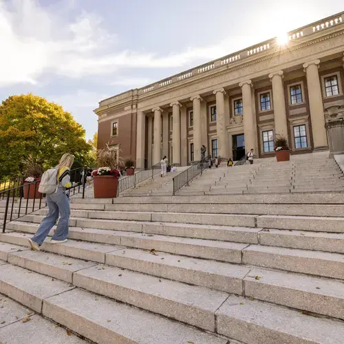 Students climb steps surrounded by Colorful fall foliage at the College of the Holy Cross on October 21, 2024. 