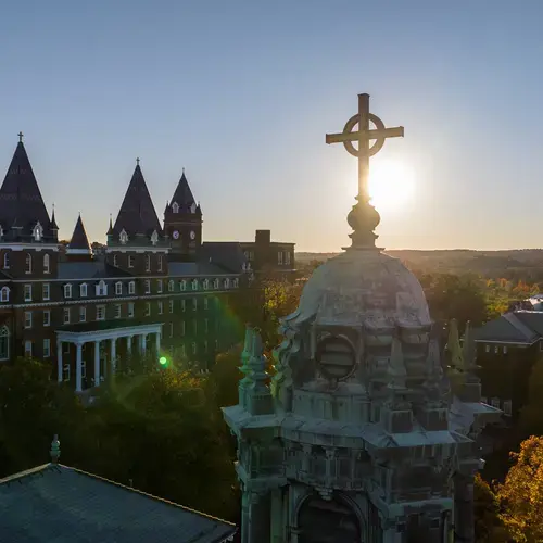 aerial shot of the chapel at sunrise
