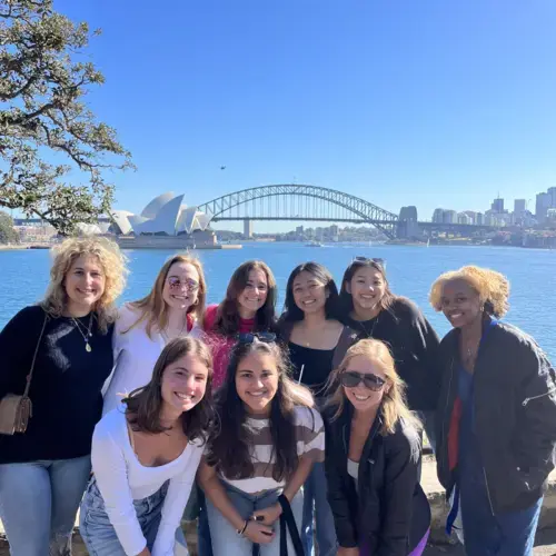 A group of students pose in Melbourne who are studying abroad