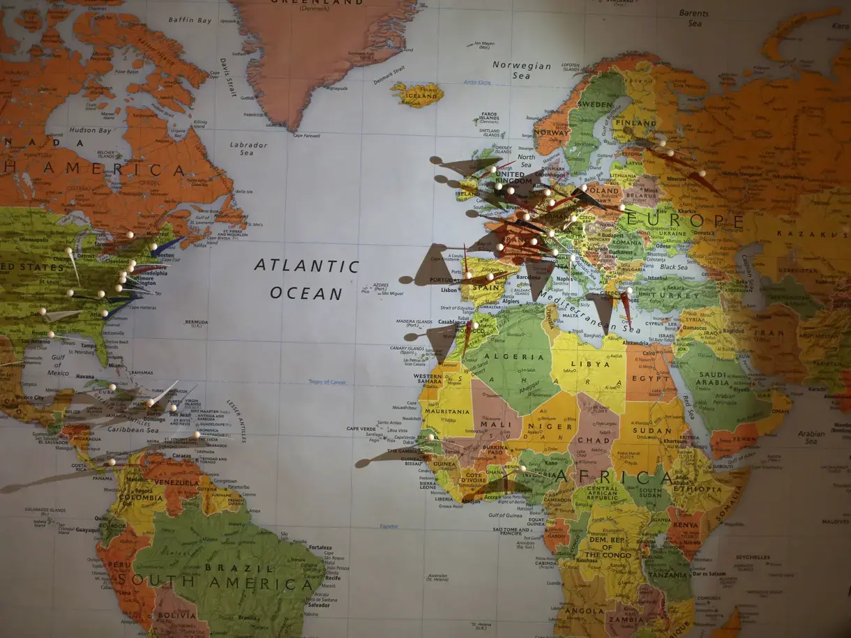 A map with pins in country locations