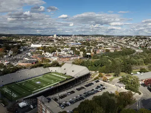 Holy Cross football stadium with Worcester in the background