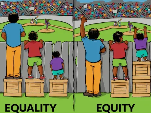 A side-by-side illustration comparing equality and equity using three people watching a baseball game over a fence