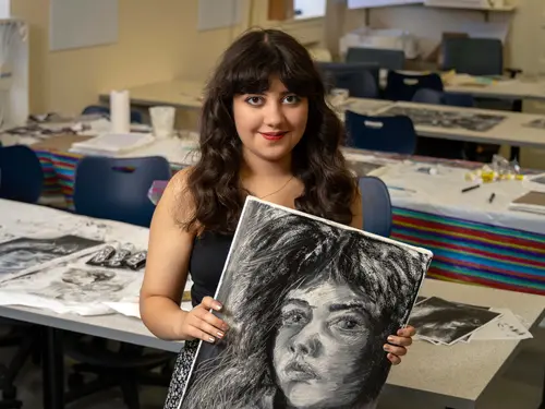 Sophie Sundaram '26 in the fourth floor Fenwick Hall classroom that served as her studio during summer 2025.
