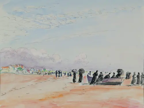 A landscape painting of people on the beach gathering around a boat in the foreground with umbrellas