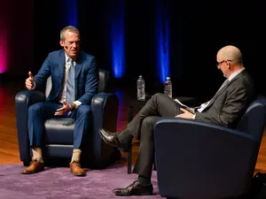 Tom Hardin (also known as Tipper X) speaks during an event at Holy Cross