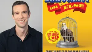 A headshot of a white man with black hair next to a book cover