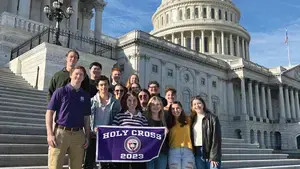 Class of 2023 Washington Semester Program students pose on the steps of the Capitol in fall 2021.