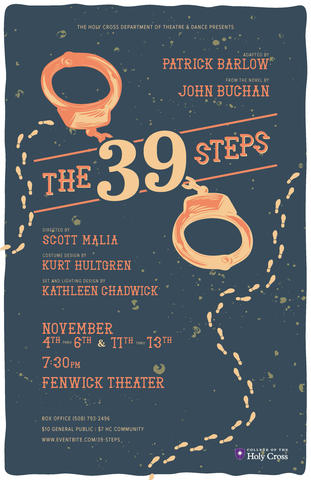 An image of the play’s poster that includes graphics of footprints and a pair of handcuffs interspersed with text about the play. 