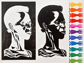 A print by Elizabeth Catlett: On the left side is the profile of a woman's head rendered as both positive and negative, with abstracted women's figures in rainbow colors running as a band from the top to the bottom of the right-hand side of the image.