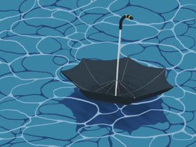 A graphic image of an upside-down black umbrella floating in water.