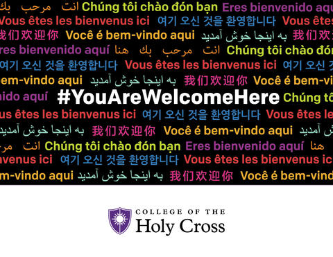 "You are welcome here" is displayed in many languages.