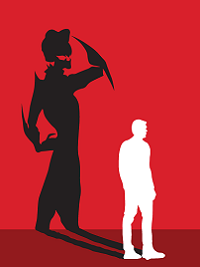 The image has a red background and includes a white silhouette of a man looking to the right. His shadow is depicted in black. Yet, instead of reflecting the outline of the man, the shadow is an ominous character extending over the man in a threatening demeanor