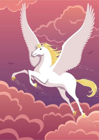 Flying horse among pink clouds