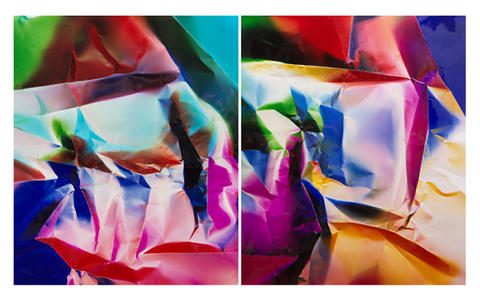 Color image of crumpled paper in two panels with blue, pink, green, orange and yellow