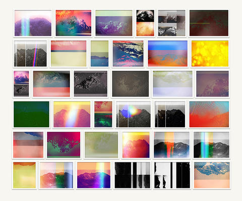 Grid of 36 framed color photographs with mountains and inverted mountains