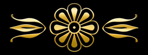 A stylized design of a flower in black and gold.