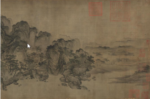 Part of Streams and Mountains without End (1100-1150) Handscroll, ink and slight color on silk; currently stored at the Cleveland Museum of Art