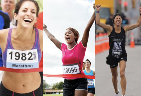 a photo collage of three women running a race