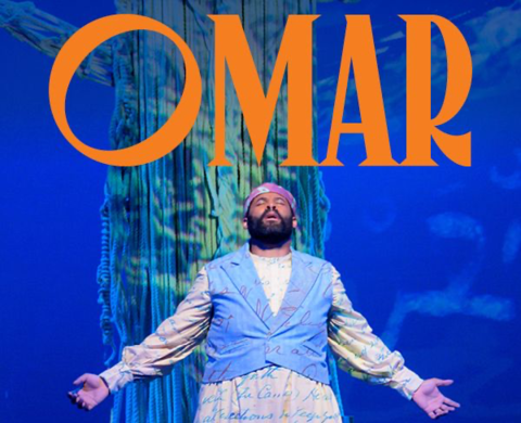  A man standing with his arms outstretched and his eyes closed in front of a blue background. "Omar," the title of the opera, is above the man as part of the image.