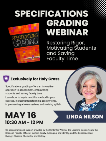 A photo of Linda Nilson and her book called Specifications Grading, accompanied by the date and time of the event