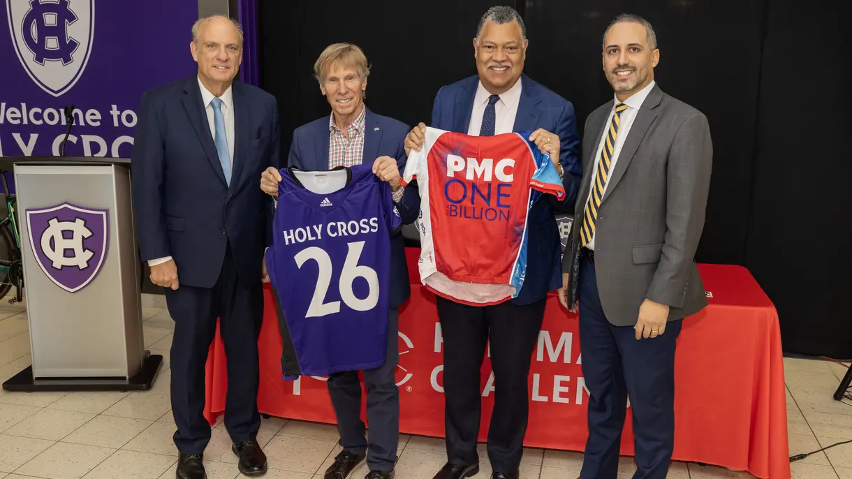 From left to right: Worcester Mayor Joseph M. Petty, PMC Founder and Chairman Billy Starr, Holy Cross President Vincent D. Rougeau and Worcester City Manager Eric D. Batista.