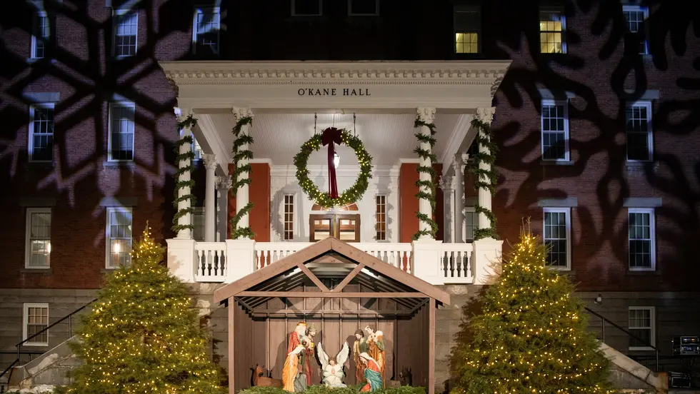 O'Kane Hall is let during the 2025 tree lighting celebration