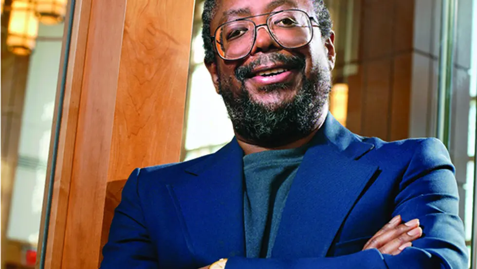 Edward P. Jones ’72 is seen here outside Rehm Library on campus, where Jones returned in 2004 to give a reading and meet with students. Photo by Dan Vaillancourt