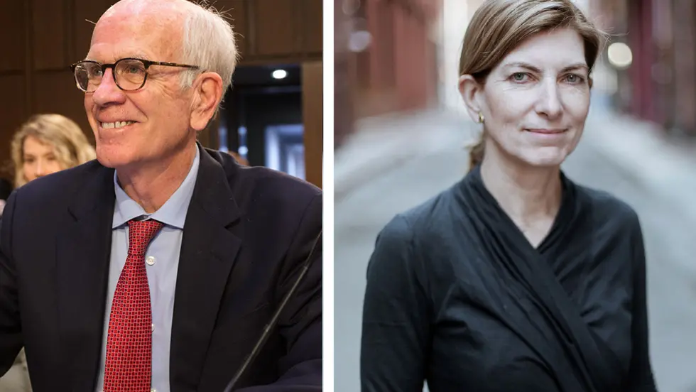 U.S. Senator Peter Welch ’69, left, and housing and community development leader Rosanne Haggerty will be given honorary degrees during the 2023 Holy Cross Commencement ceremony.