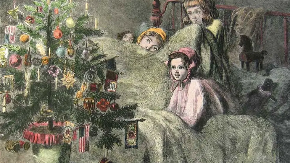 Illustration of Victorian children looking at a Christmas tree.