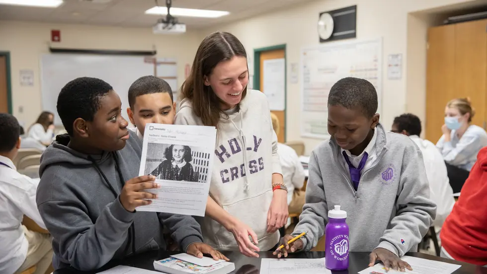 Holy Cross students volunteering at the Nativity School in Worcester, through the College's SPUD program