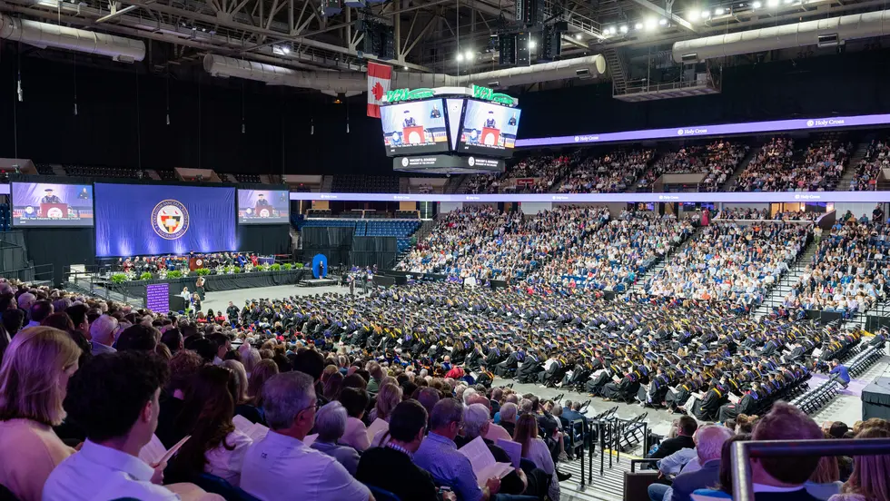 Wide lens view of the DCU Center during Holy Cross' 180 Commencement