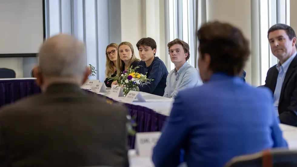 Students in the Montserrat course Who Are Our Neighbors and Why? listen to Anthony Fauci '62, M.D., '62, Hon. '87 and his wife, Christine Grady, discuss their careers in medicine.