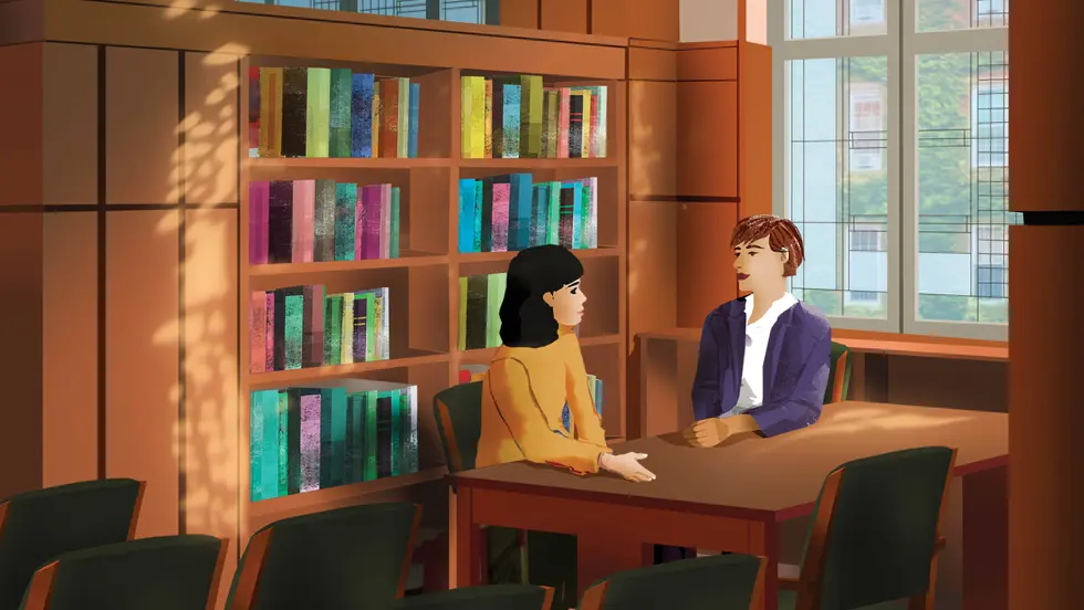 Illustration of a professor and student sitting in library